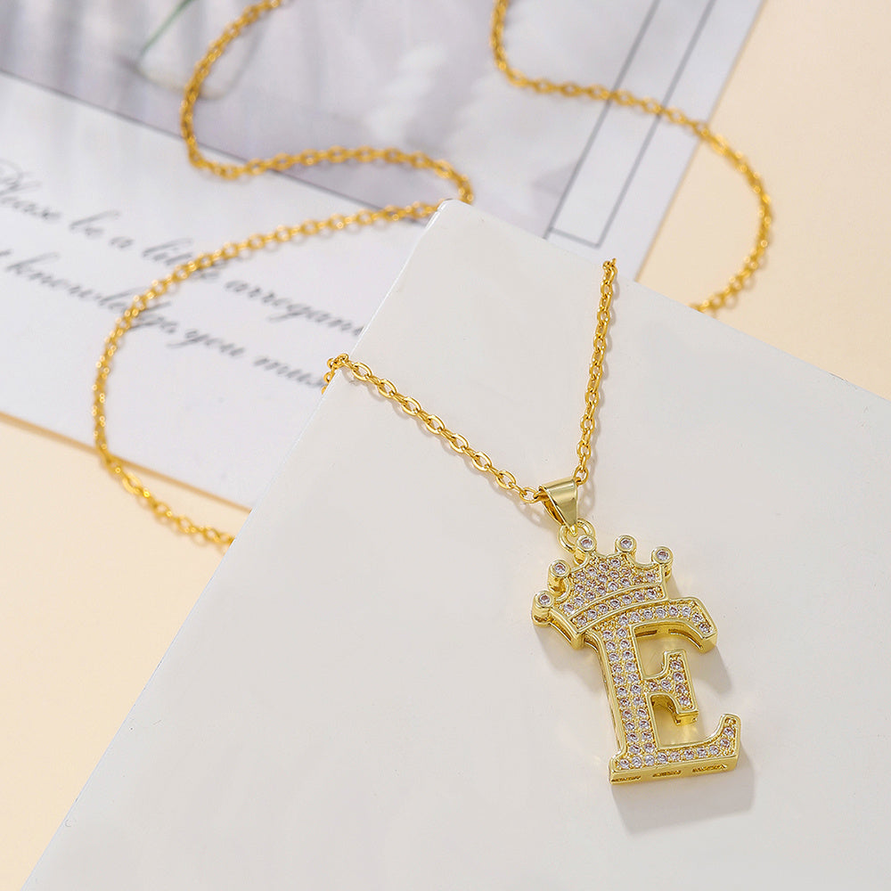 Uppercase Letter Pendant Gold Diamond Crown Necklace