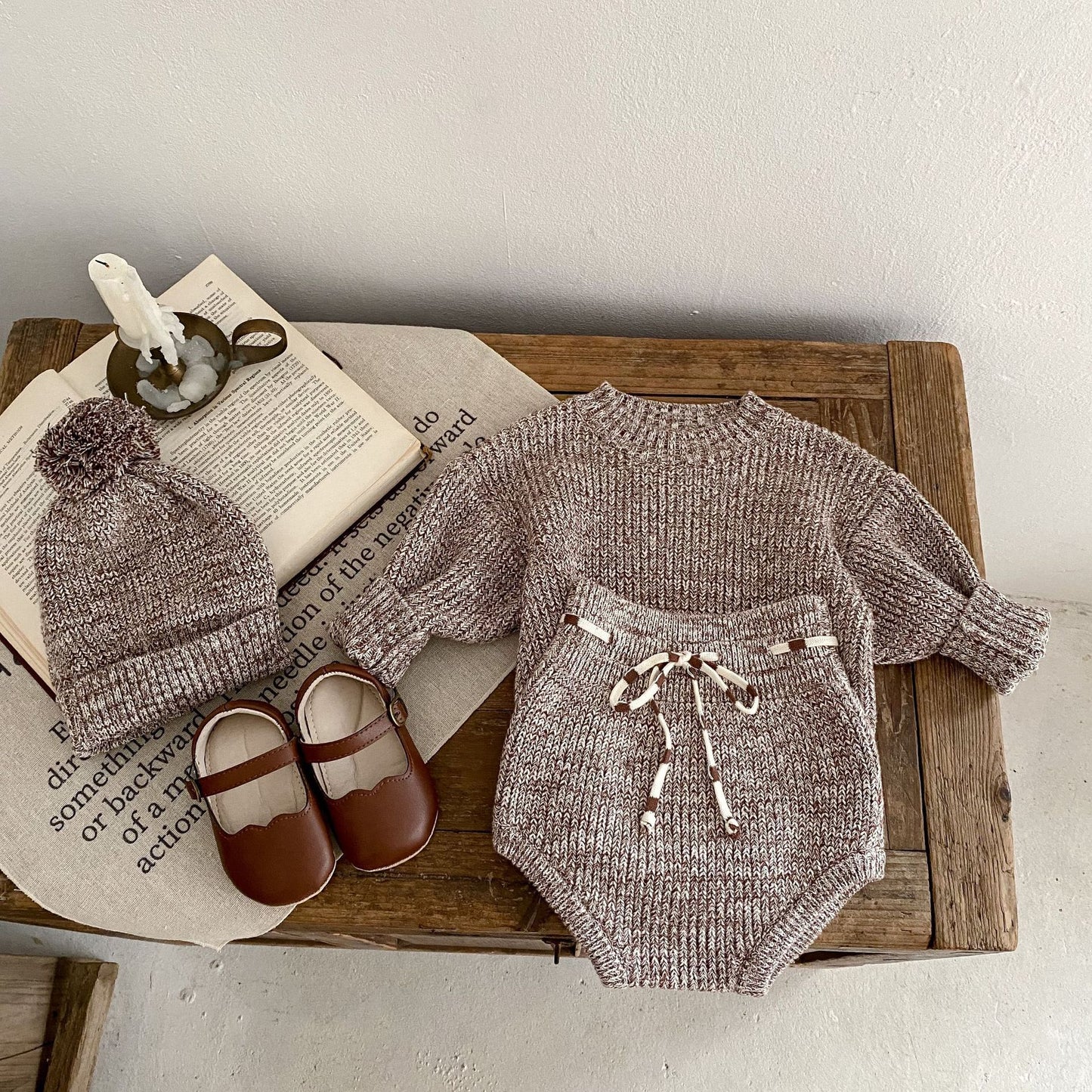 Mixed Color Thick Needle Pullover Pants with Fur Ball Knitted Hat 3-piece Set