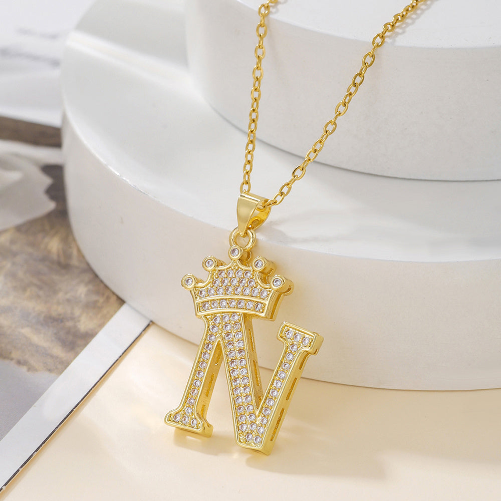Uppercase Letter Pendant Gold Diamond Crown Necklace