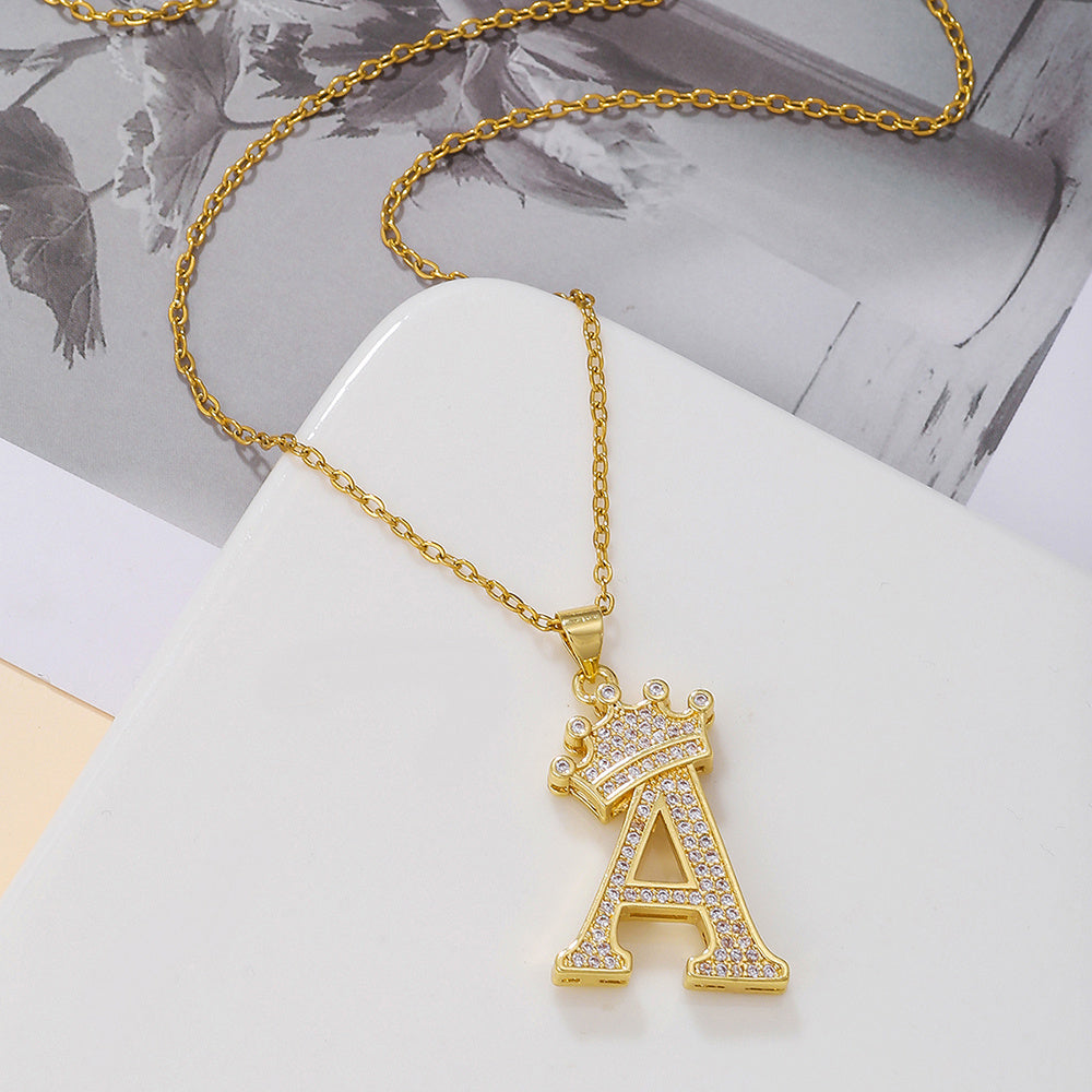 Uppercase Letter Pendant Gold Diamond Crown Necklace