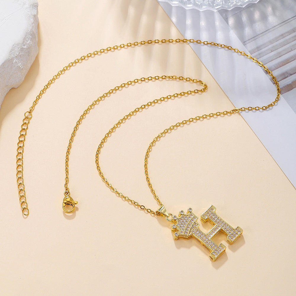 Uppercase Letter Pendant Gold Diamond Crown Necklace