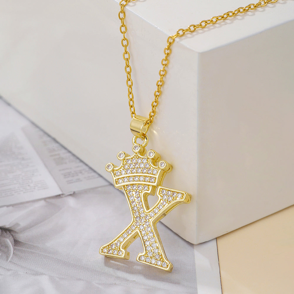 Uppercase Letter Pendant Gold Diamond Crown Necklace