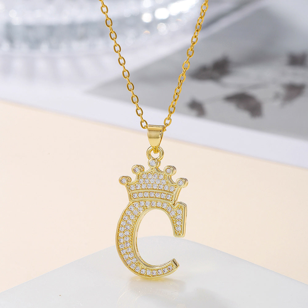 Uppercase Letter Pendant Gold Diamond Crown Necklace