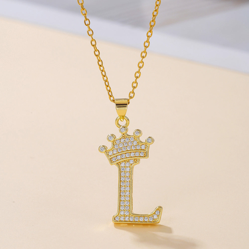 Uppercase Letter Pendant Gold Diamond Crown Necklace