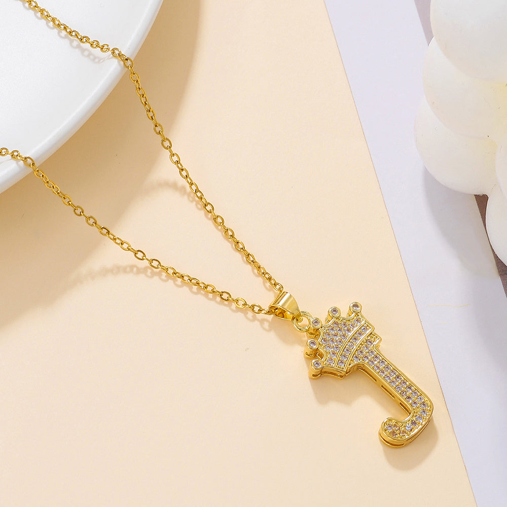 Uppercase Letter Pendant Gold Diamond Crown Necklace