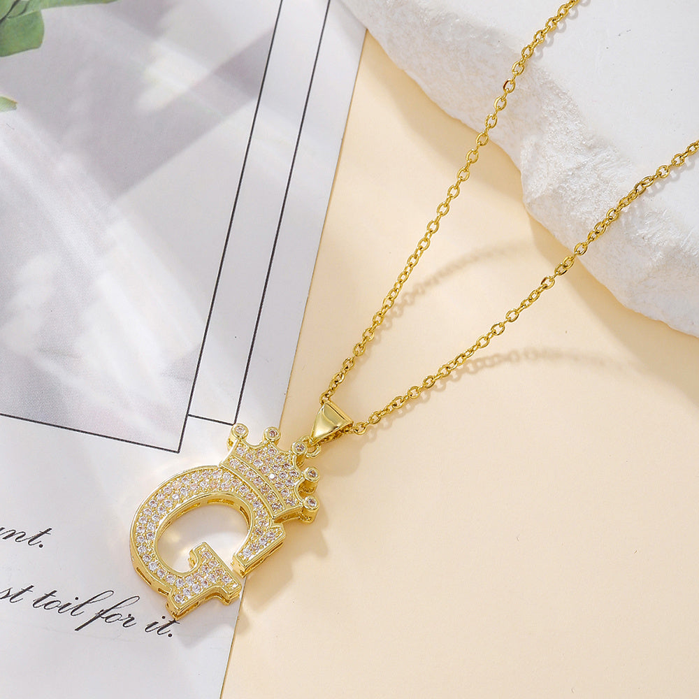 Uppercase Letter Pendant Gold Diamond Crown Necklace