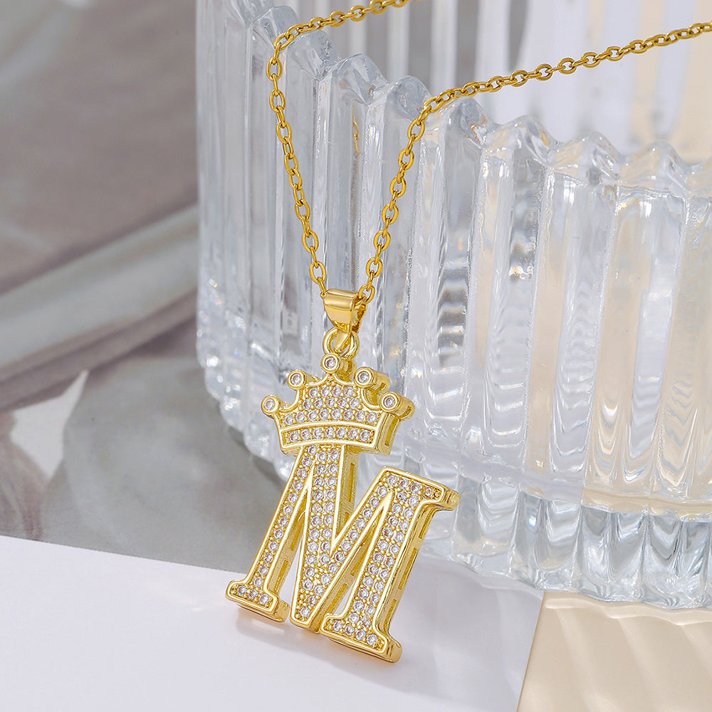 Uppercase Letter Pendant Gold Diamond Crown Necklace