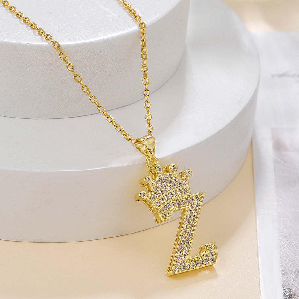 Uppercase Letter Pendant Gold Diamond Crown Necklace