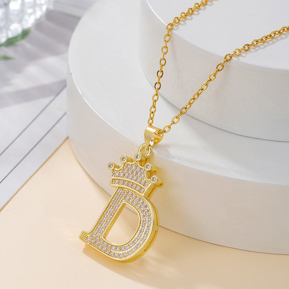 Uppercase Letter Pendant Gold Diamond Crown Necklace
