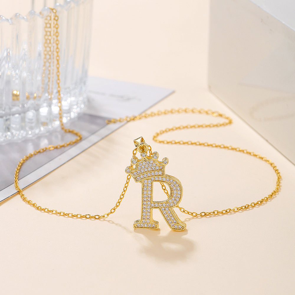 Uppercase Letter Pendant Gold Diamond Crown Necklace