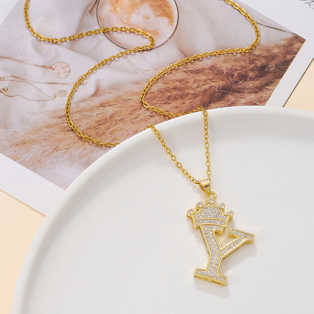 Uppercase Letter Pendant Gold Diamond Crown Necklace