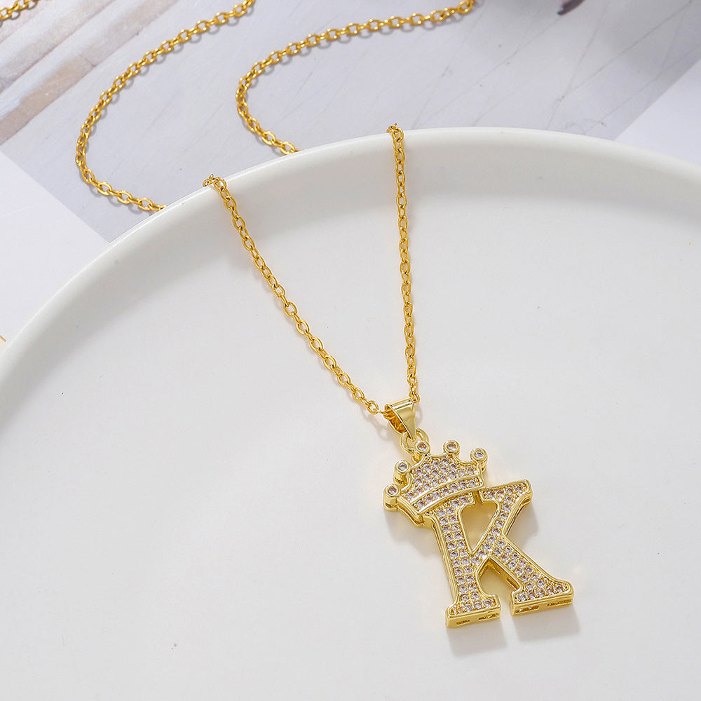 Uppercase Letter Pendant Gold Diamond Crown Necklace