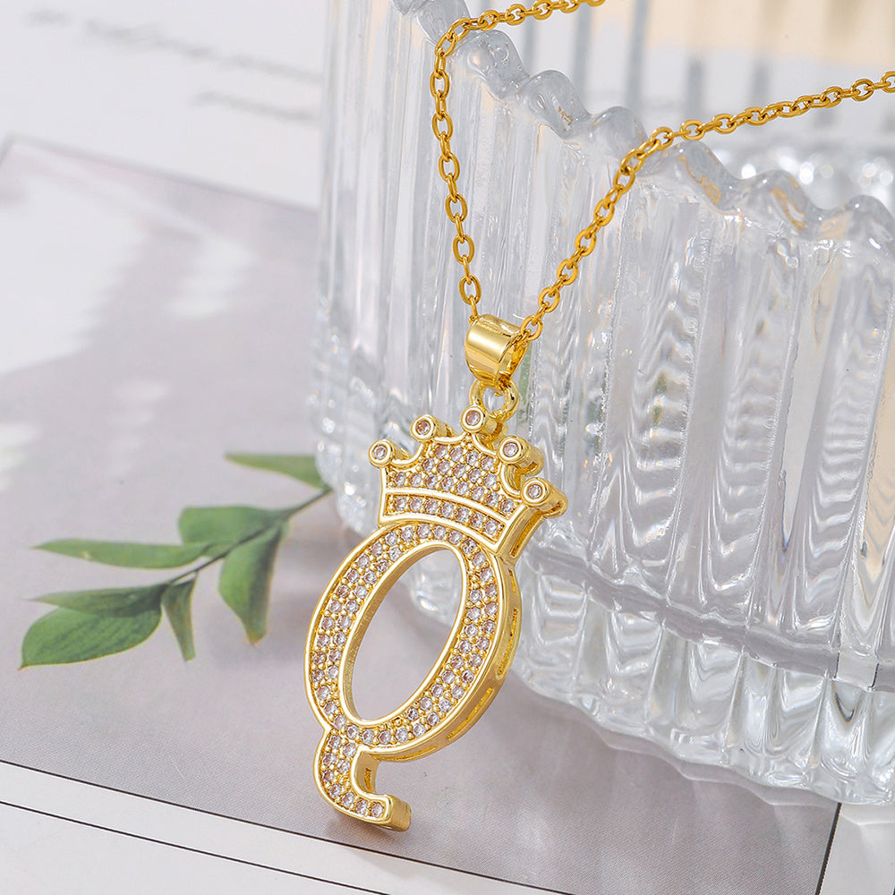 Uppercase Letter Pendant Gold Diamond Crown Necklace