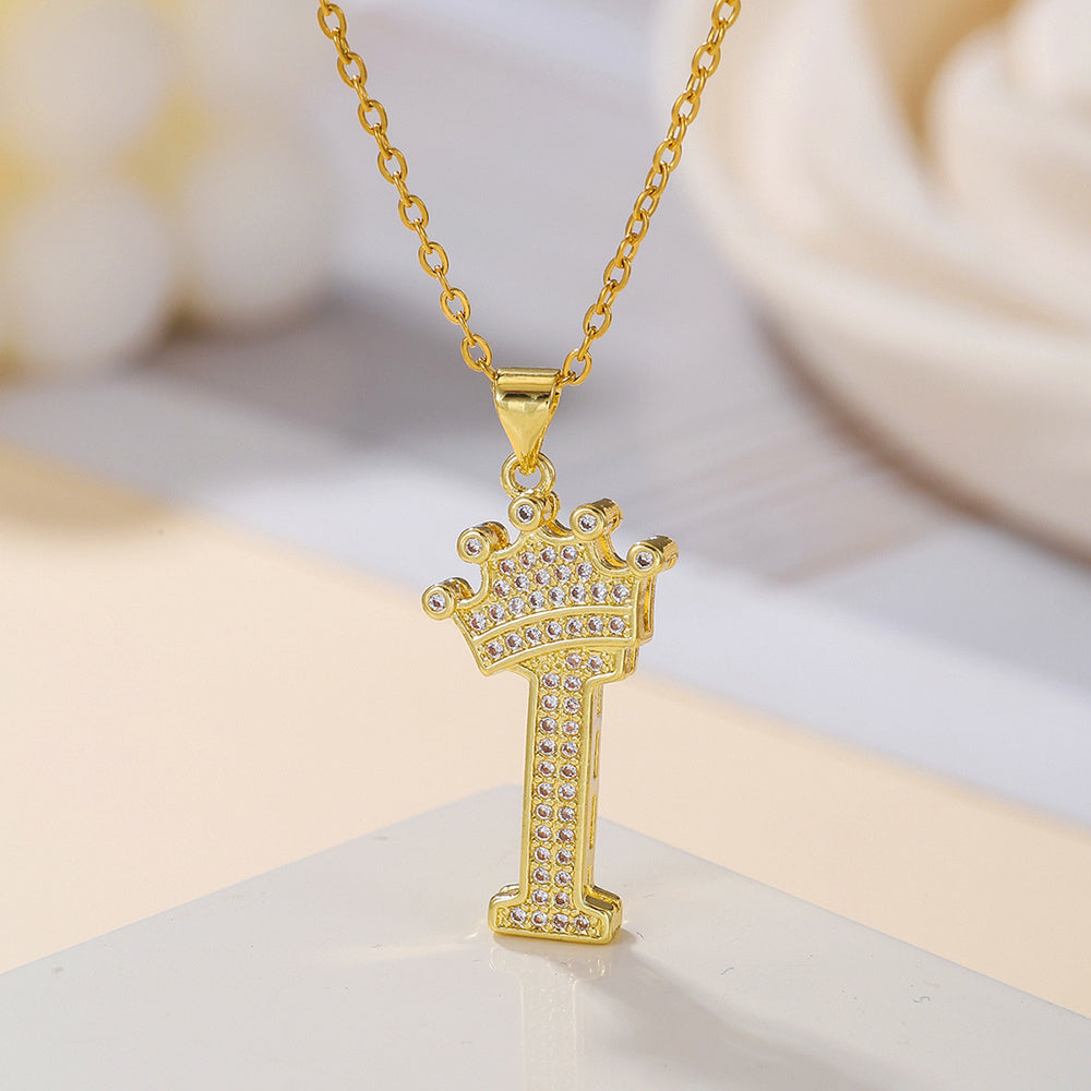 Uppercase Letter Pendant Gold Diamond Crown Necklace