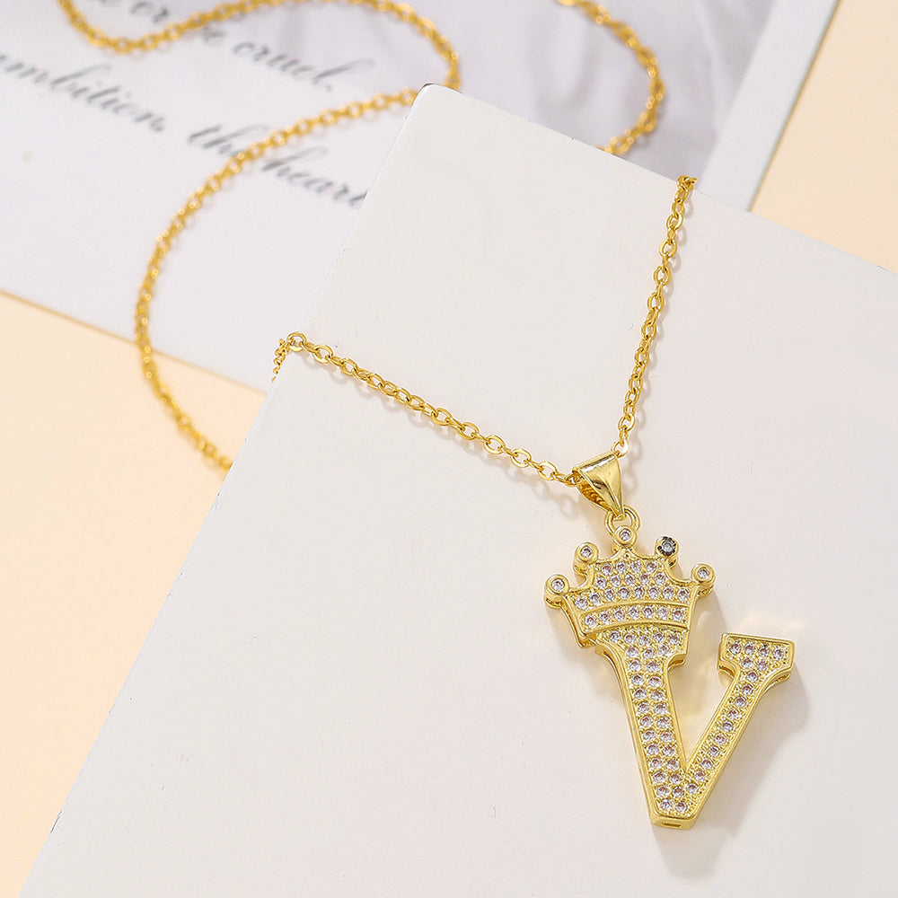 Uppercase Letter Pendant Gold Diamond Crown Necklace