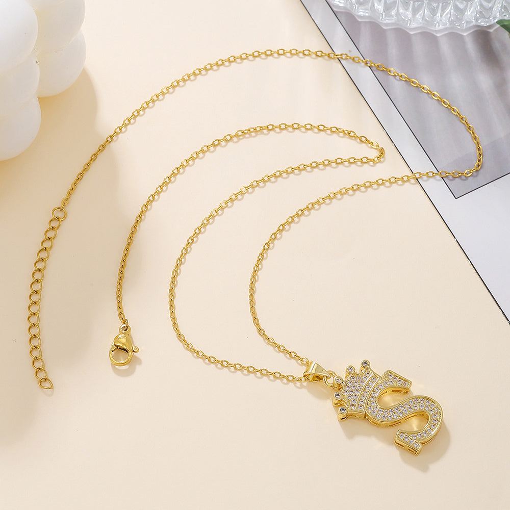 Uppercase Letter Pendant Gold Diamond Crown Necklace