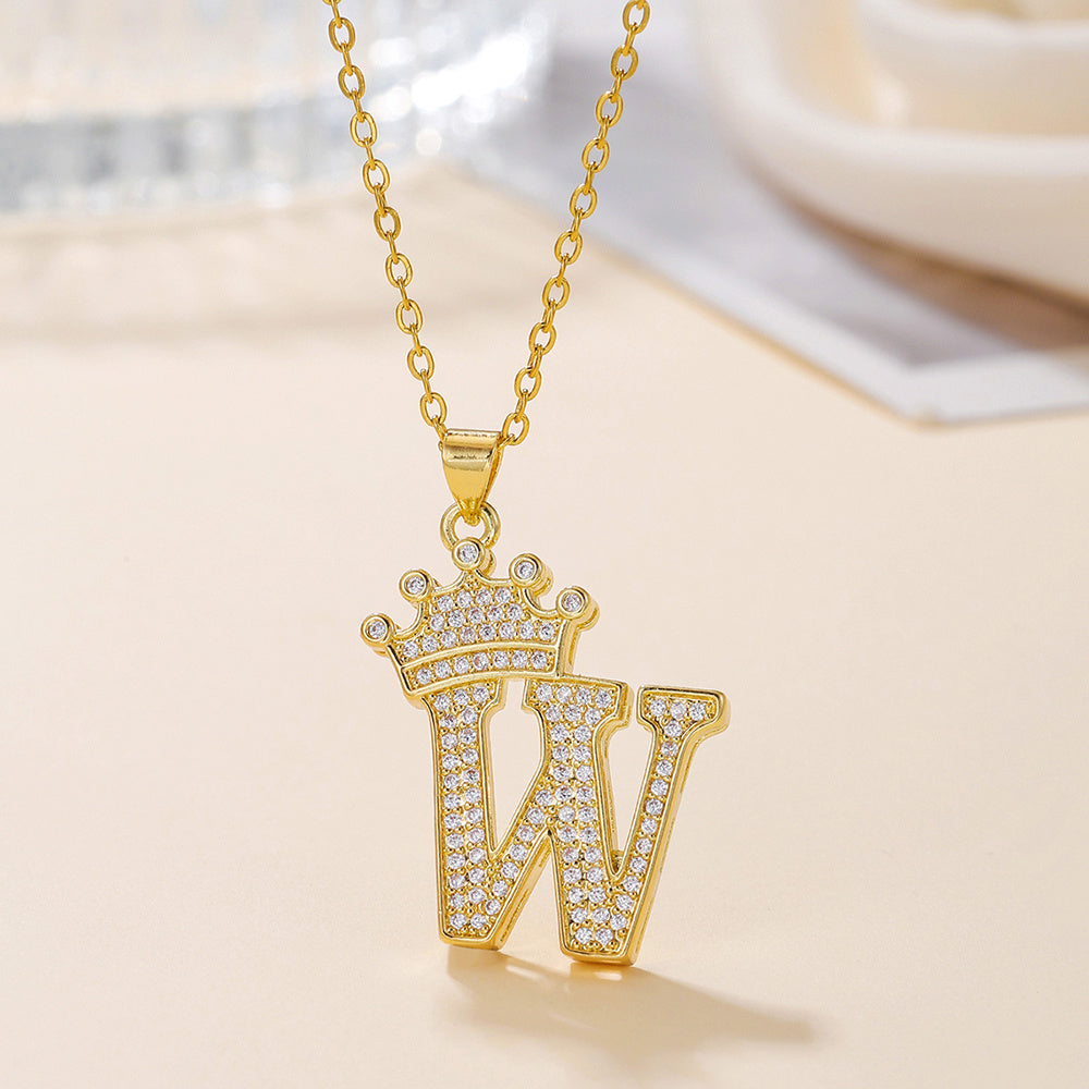 Uppercase Letter Pendant Gold Diamond Crown Necklace