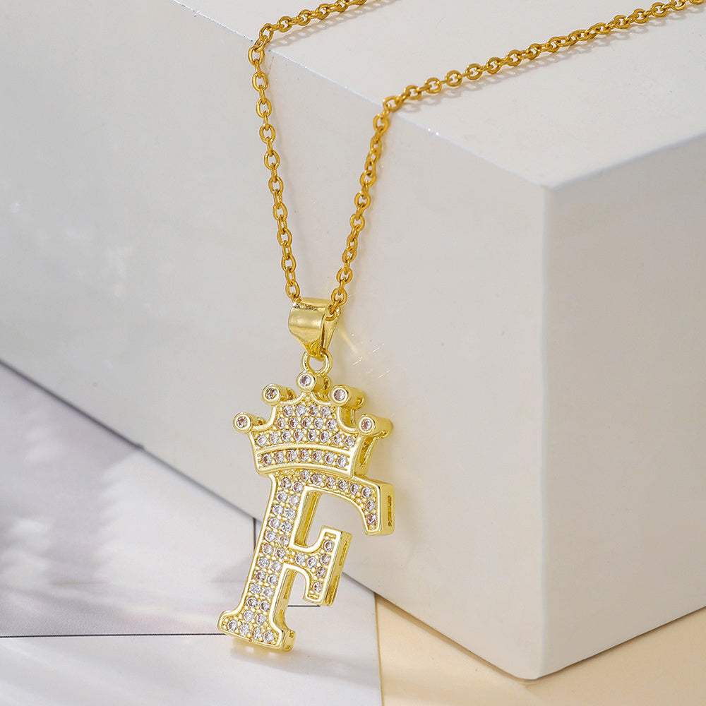 Uppercase Letter Pendant Gold Diamond Crown Necklace