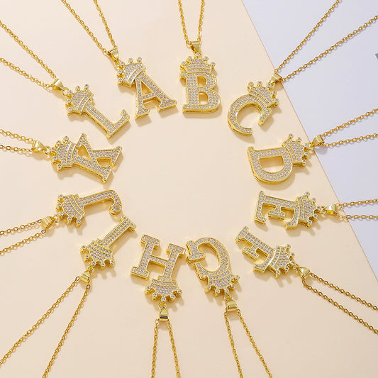 Uppercase Letter Pendant Gold Diamond Crown Necklace