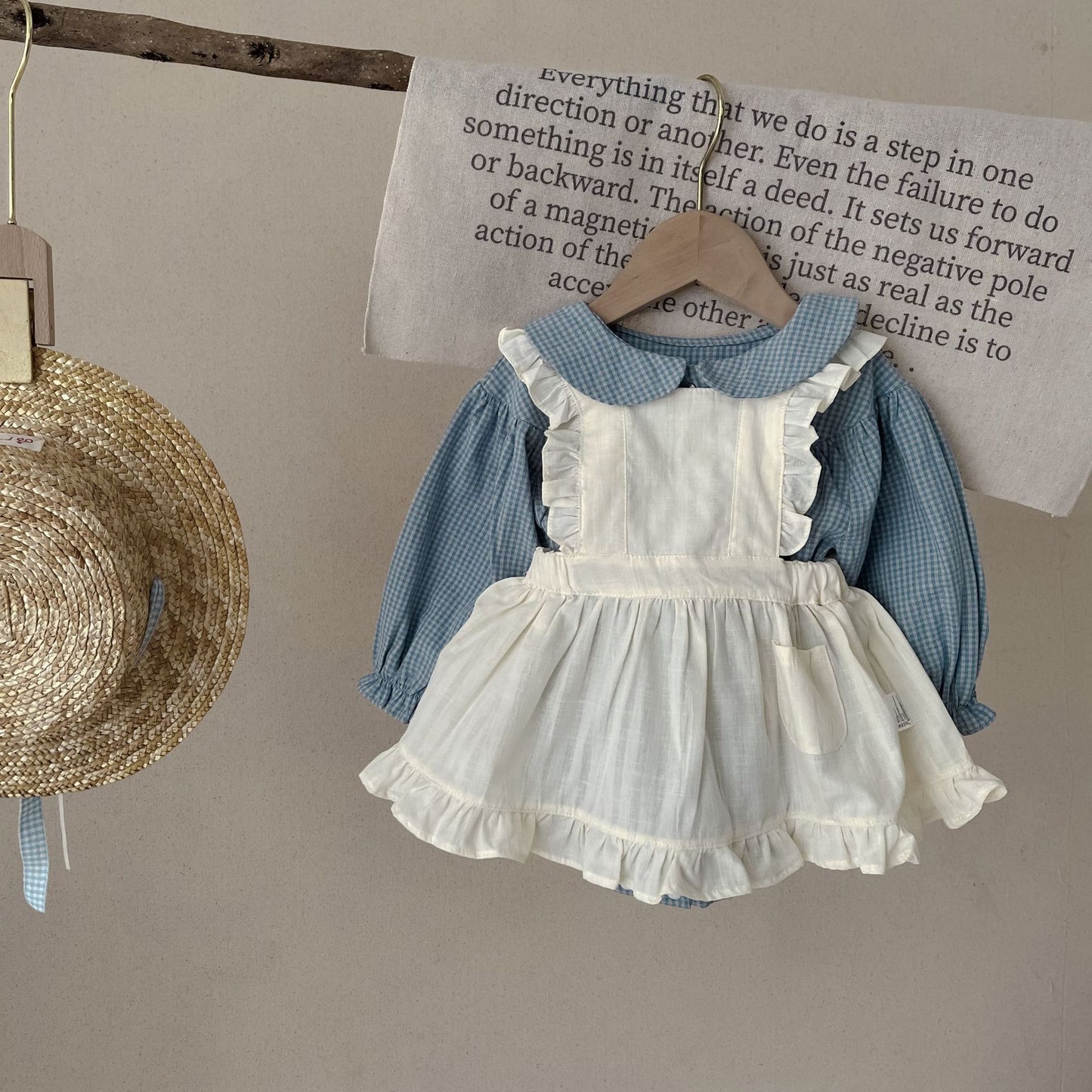 Infant Single-breasted Long Sleeve Plaid Romper Overskirt