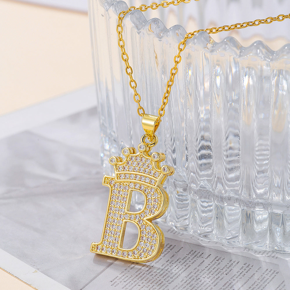 Uppercase Letter Pendant Gold Diamond Crown Necklace