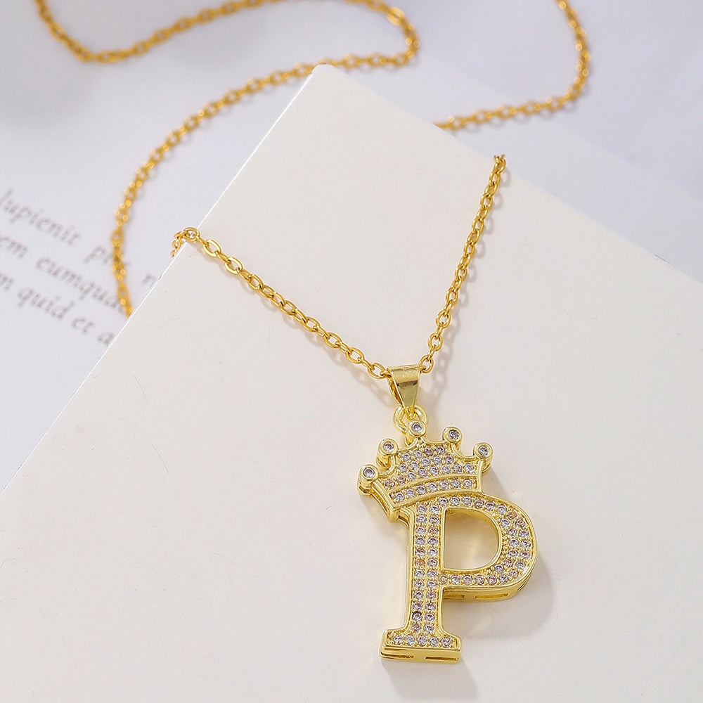 Uppercase Letter Pendant Gold Diamond Crown Necklace