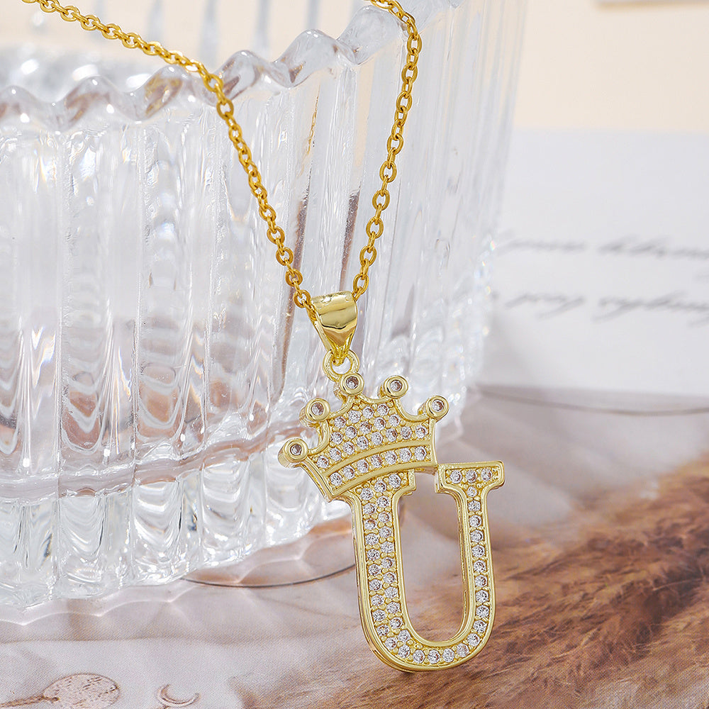 Uppercase Letter Pendant Gold Diamond Crown Necklace