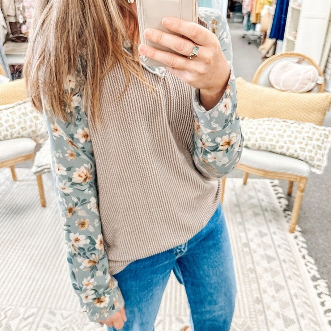 Ribbed Floral Patchwork Long Sleeve Top