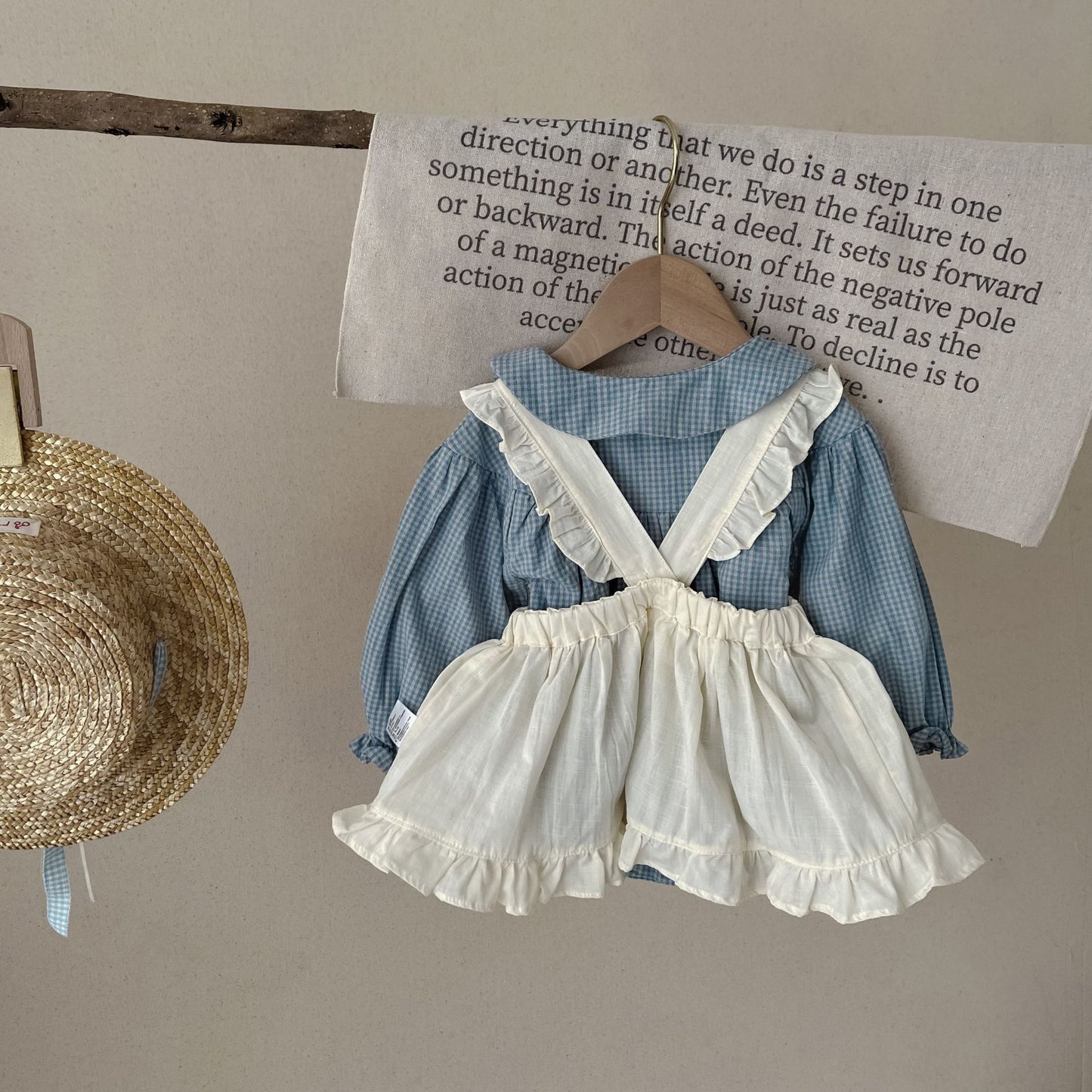 Infant Single-breasted Long Sleeve Plaid Romper Overskirt