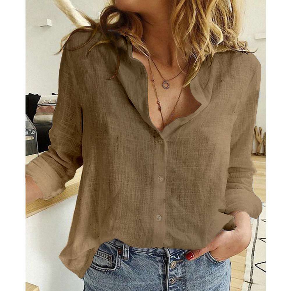 Women's Lapel Long Sleeve Shirt Fashion Solid Color Button Top