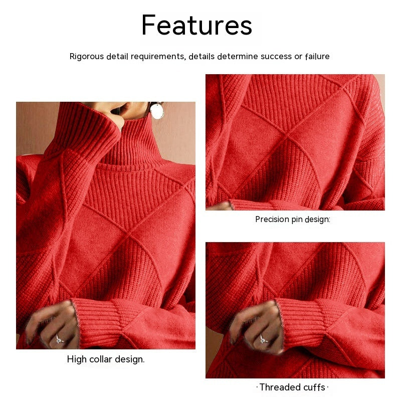 Women's Knitted Loose High Collar Warm Sweater Solid Color