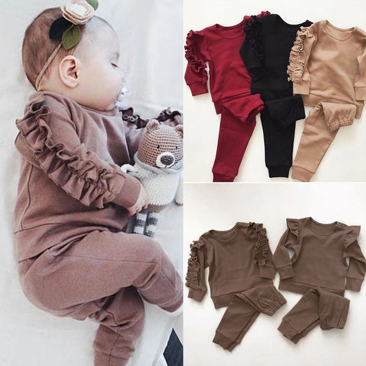 Unisex Ruffles Jumper Solid Long Sleeve Sweatshirt 2Pc Outfit