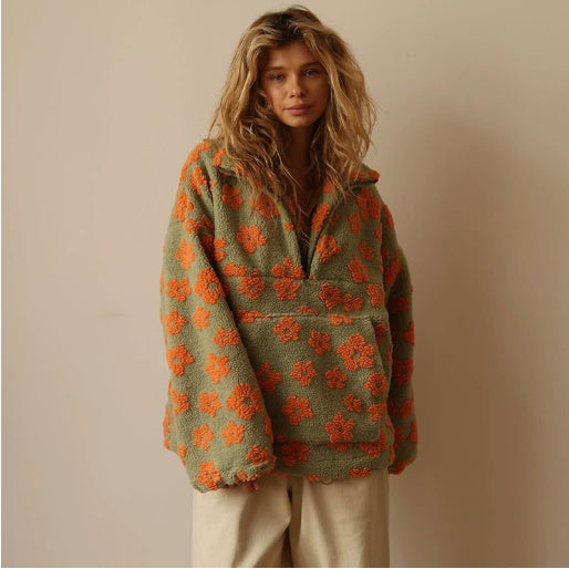 Winter Flower Lambskin Women's Sweatshirt With Big Pocket