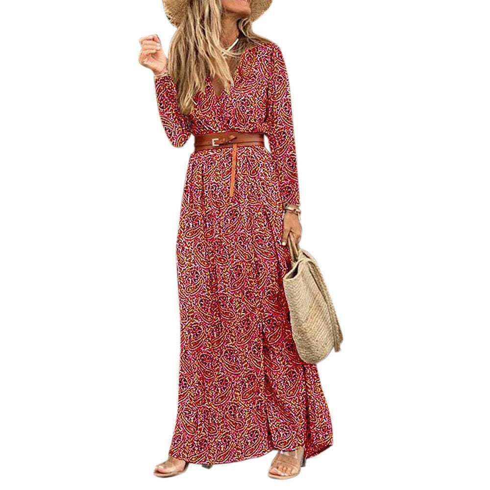 Long Sleeve V-Neck Boho Floral Dress
