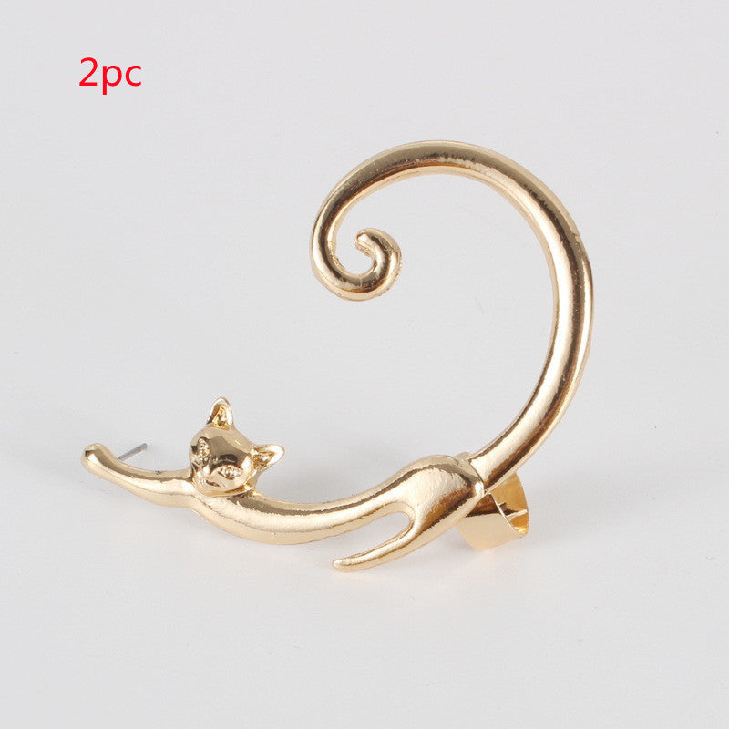 Punk Style Cat Post Earring with Ear Cuff Animal Stud Earring