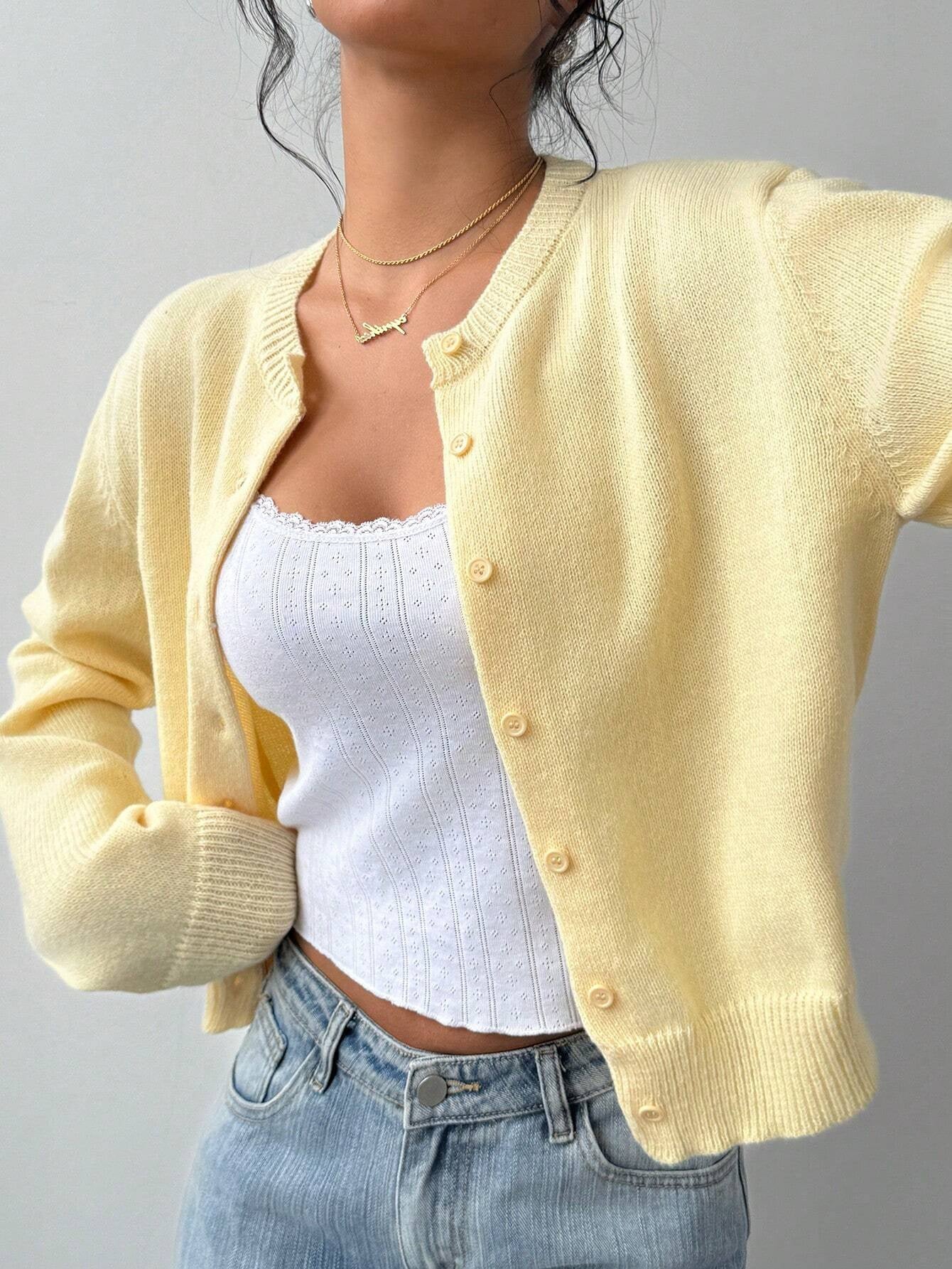 Chic Long Sleeved Knitted Cardigan Solid Color Short Sweater For Women