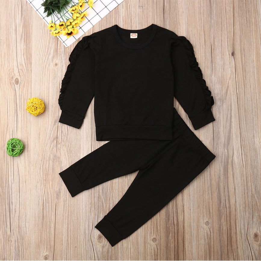 Unisex Ruffles Jumper Solid Long Sleeve Sweatshirt 2Pc Outfit