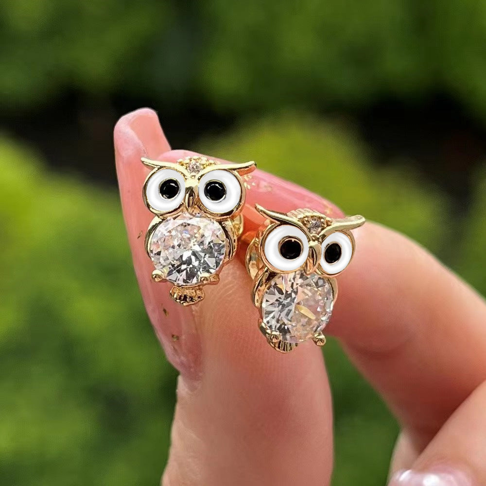 Owl Stud Earrings Diamond Zircon