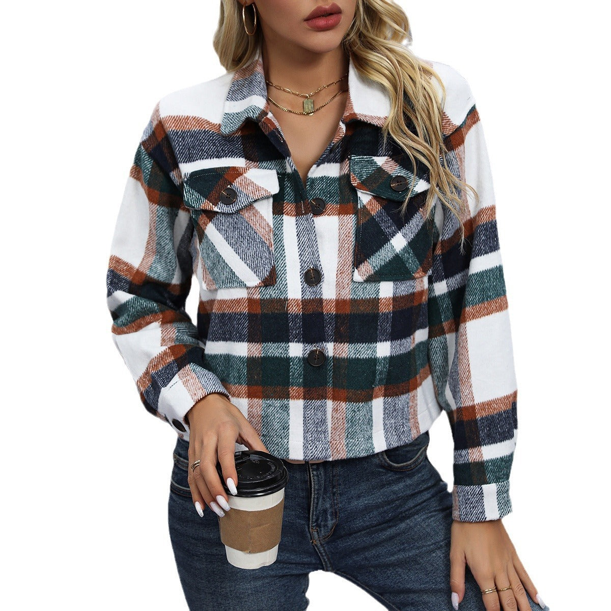 Women's Casual Plaid Woolen Short Coat