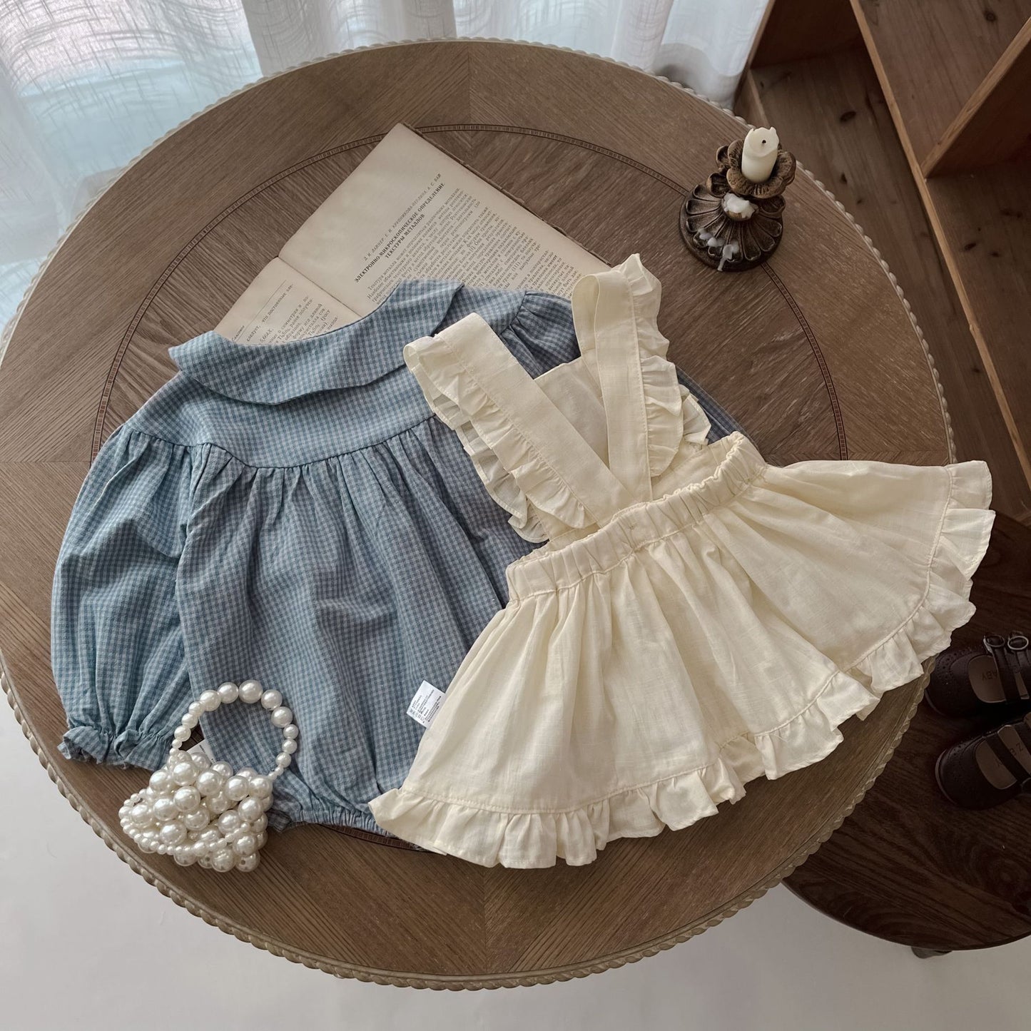 Infant Single-breasted Long Sleeve Plaid Romper Overskirt