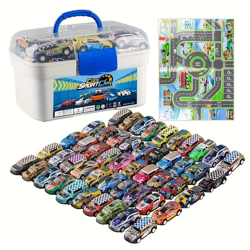 50-piece Metal Toy Car Set With Storage Box And Foldable Play Mat