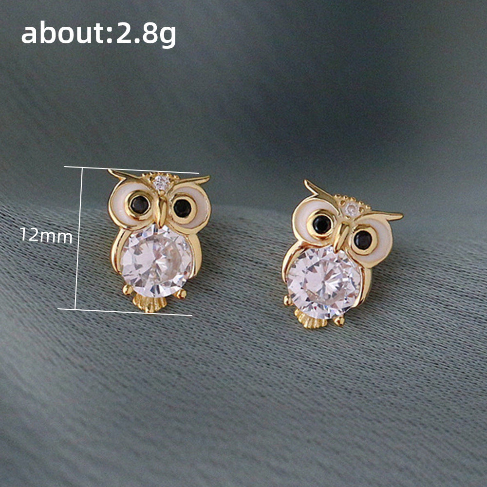 Owl Stud Earrings Diamond Zircon
