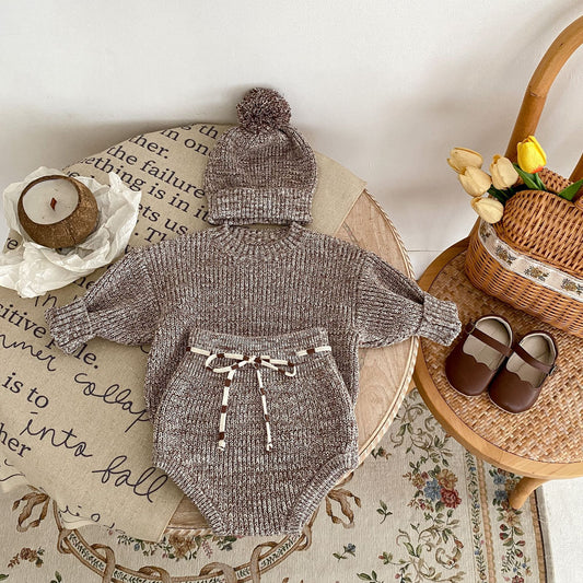 Mixed Color Thick Needle Pullover Pants with Fur Ball Knitted Hat 3-piece Set