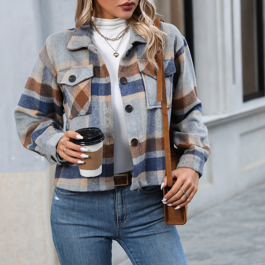 Women's Casual Plaid Woolen Short Coat