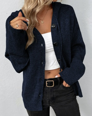 Single-breasted Hooded Sweater Women's Solid Color Cardigan