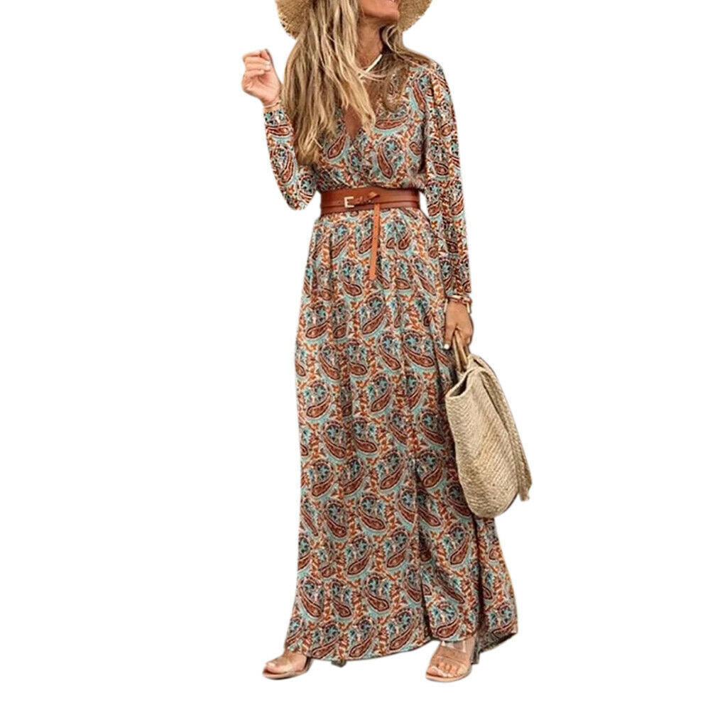 Long Sleeve V-Neck Boho Floral Dress