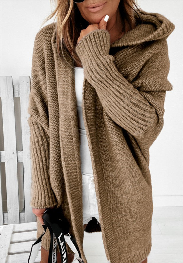Knitted Hooded Cardigan Solid Color Batwing Sleeve Sweater