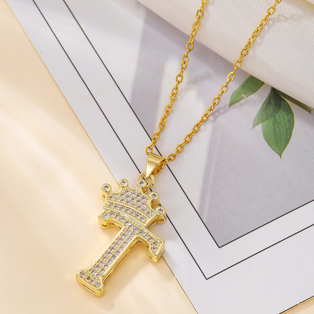 Uppercase Letter Pendant Gold Diamond Crown Necklace