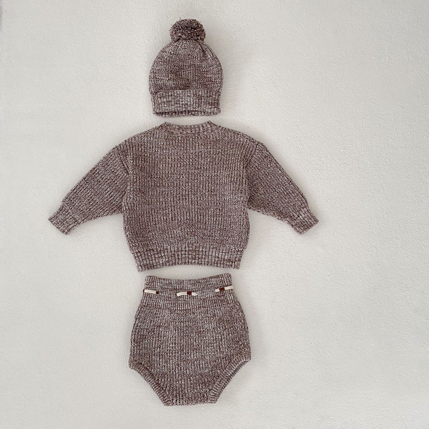 Mixed Color Thick Needle Pullover Pants with Fur Ball Knitted Hat 3-piece Set