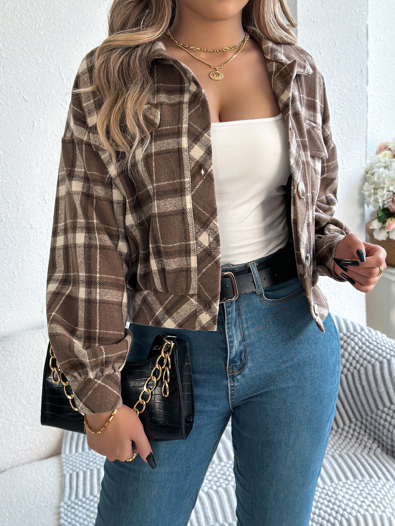 Casual Plaid Long Sleeve Woolen Jacket